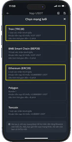 Bước 4: Chọn mạng lưới TRC20 hoặc ERC20